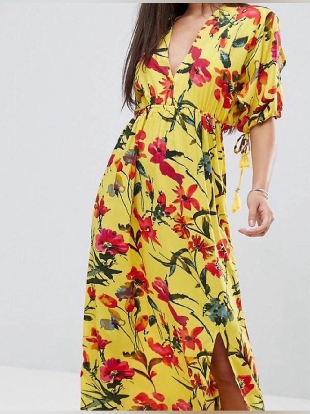 NWT BOOHOO Yellow Floral Maxi Dress with Tassels